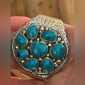 Kingman Turquoise Sterling Silver Cluster Cuff Bracelet Southwest